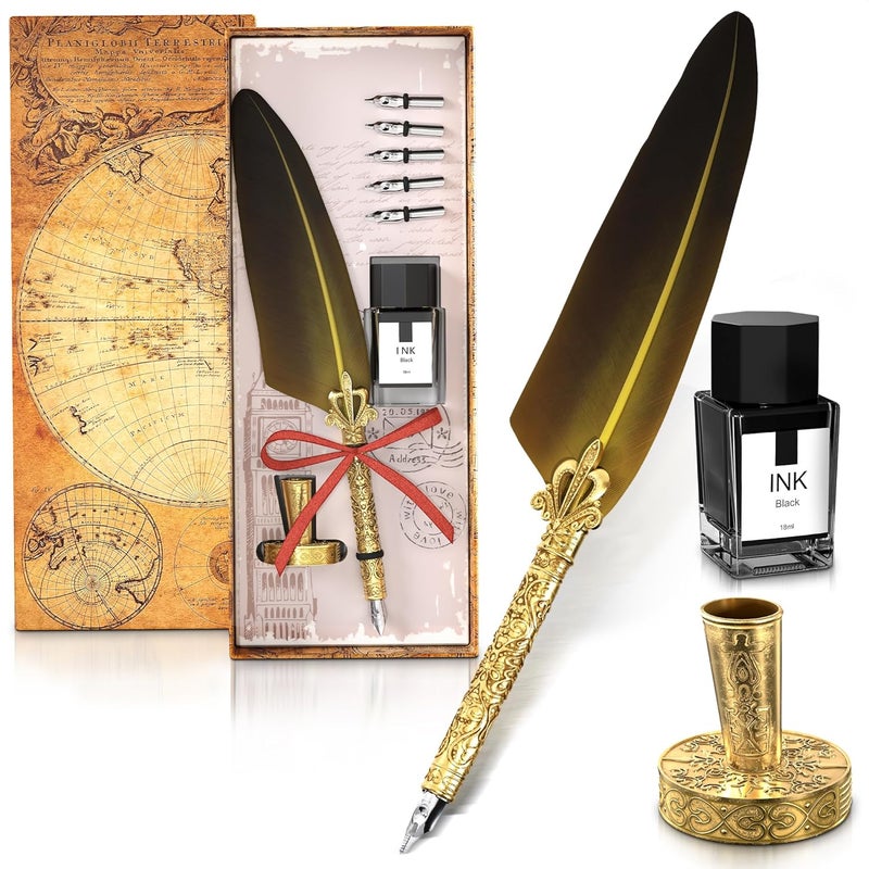 Kotko Antique Feather Quill Pen and Ink Set – Stand & Gift Box, Golden Writing Quill and Ink Set with 5 Nibs, Patterned Anti-Slip Grip – Stainless Steel Dip Pen for Signing & Writing | Calligraphy Gift - Image 1